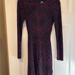 Long Sleeve Mini Dress in Navy with Red Geometric Print